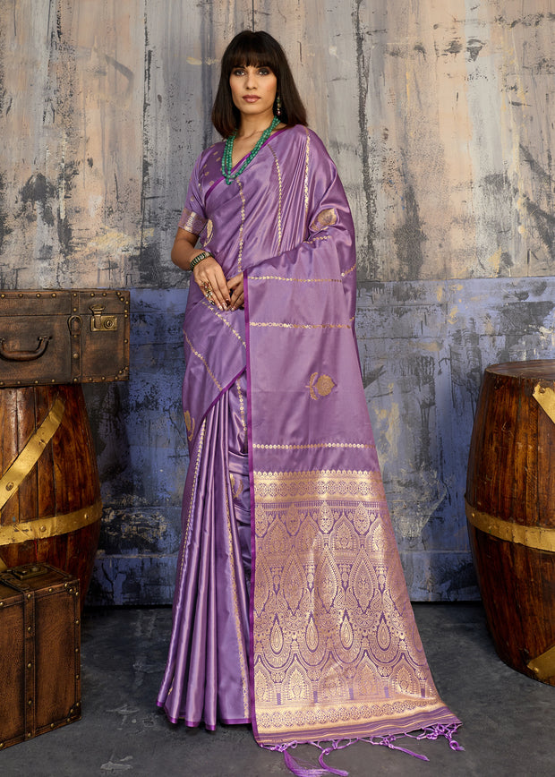 Lavender Purple Woven Banarasi Satin Silk Saree