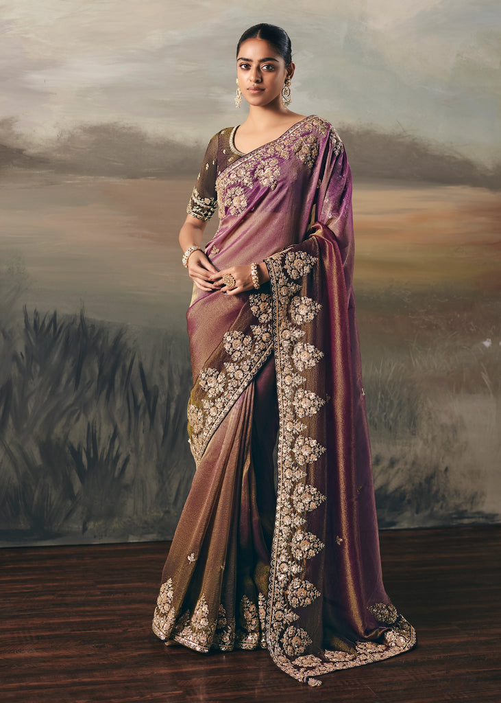 Purple & Brown Tissue Embroidered Wedding Wear Saree