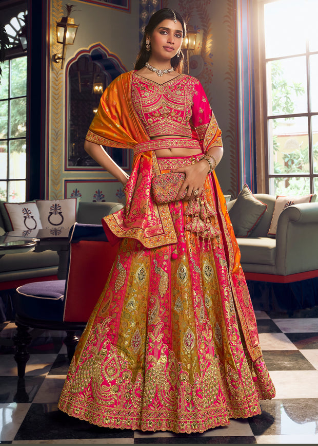 Orange And Pink Heavy Banarasi Designer Lehenga