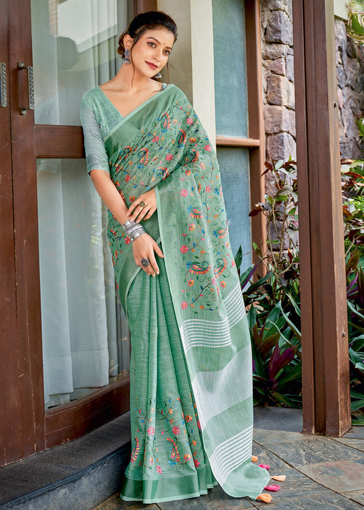Mint Green Woven Linen Silk Saree