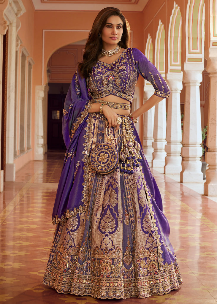 Purple Banarasi Silk Embroidered Lehenga