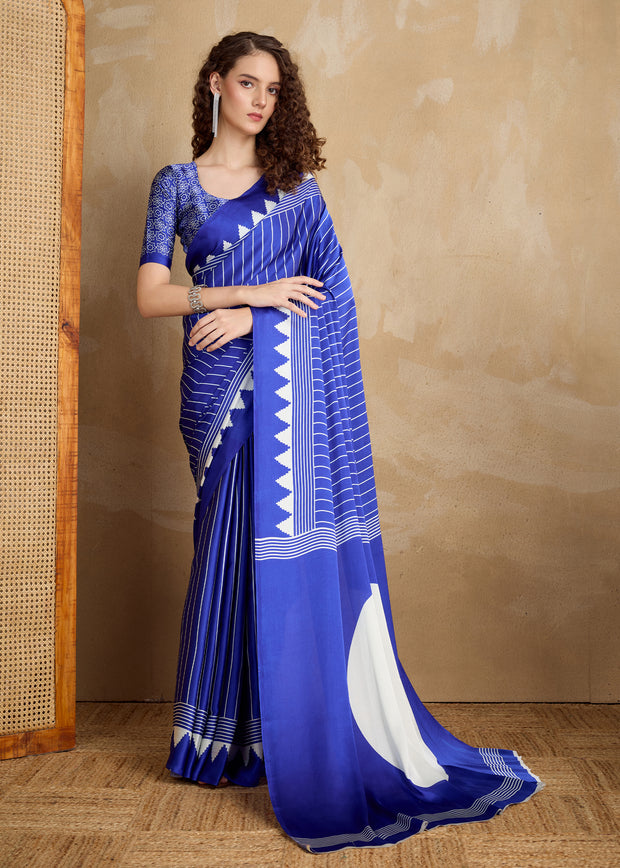 Mazarine Blue Printed Satin Silk Saree