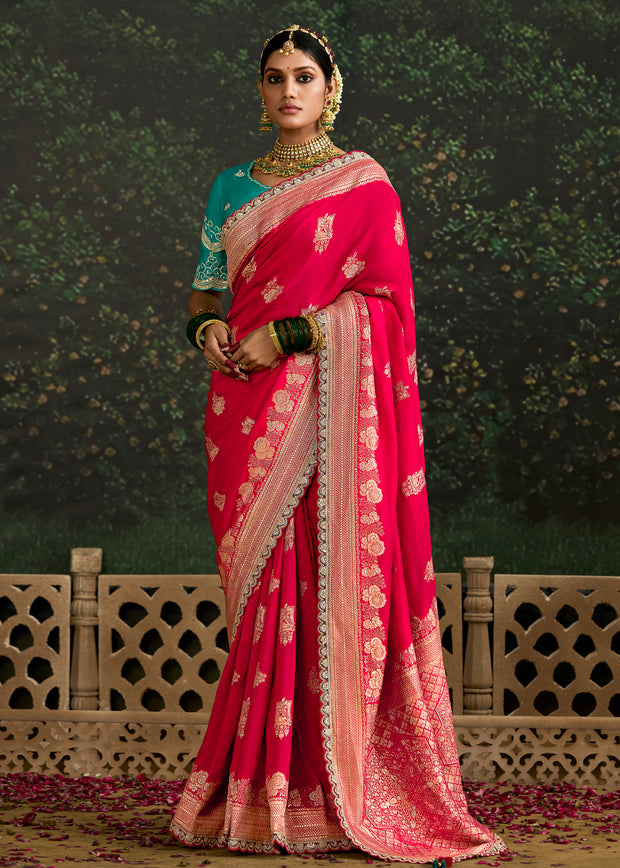 Raspberry red Banarasi woven saree with embroidered blouse
