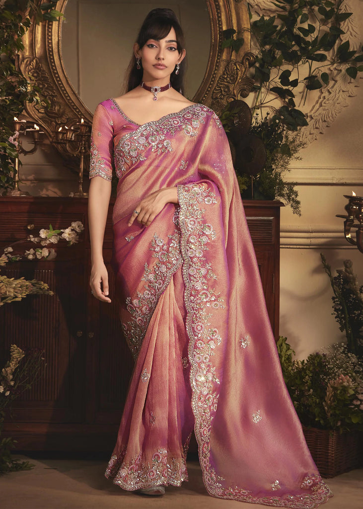 Dusty Pink Tissue Organza Designer Saree