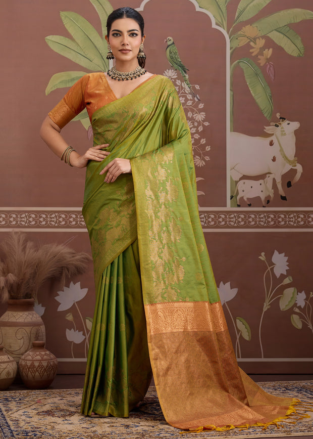 Pista Green Woven Tussar Silk Saree