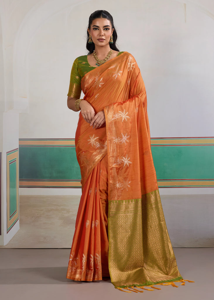 Bright Orange Woven Tussar Silk Saree
