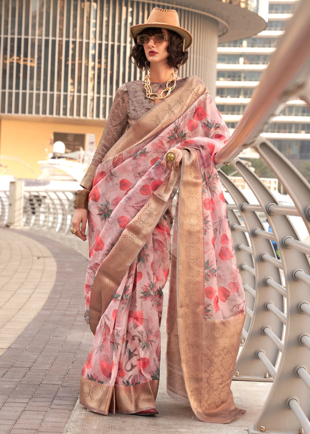 Blush Pink Woven Banarasi Tissue Silk Saree