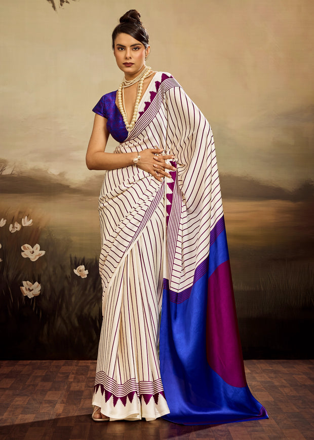 Off white Printed Satin Silk Saree