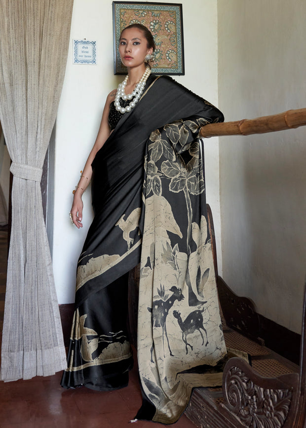 Black satin crepe saree with bold contemporary animal print