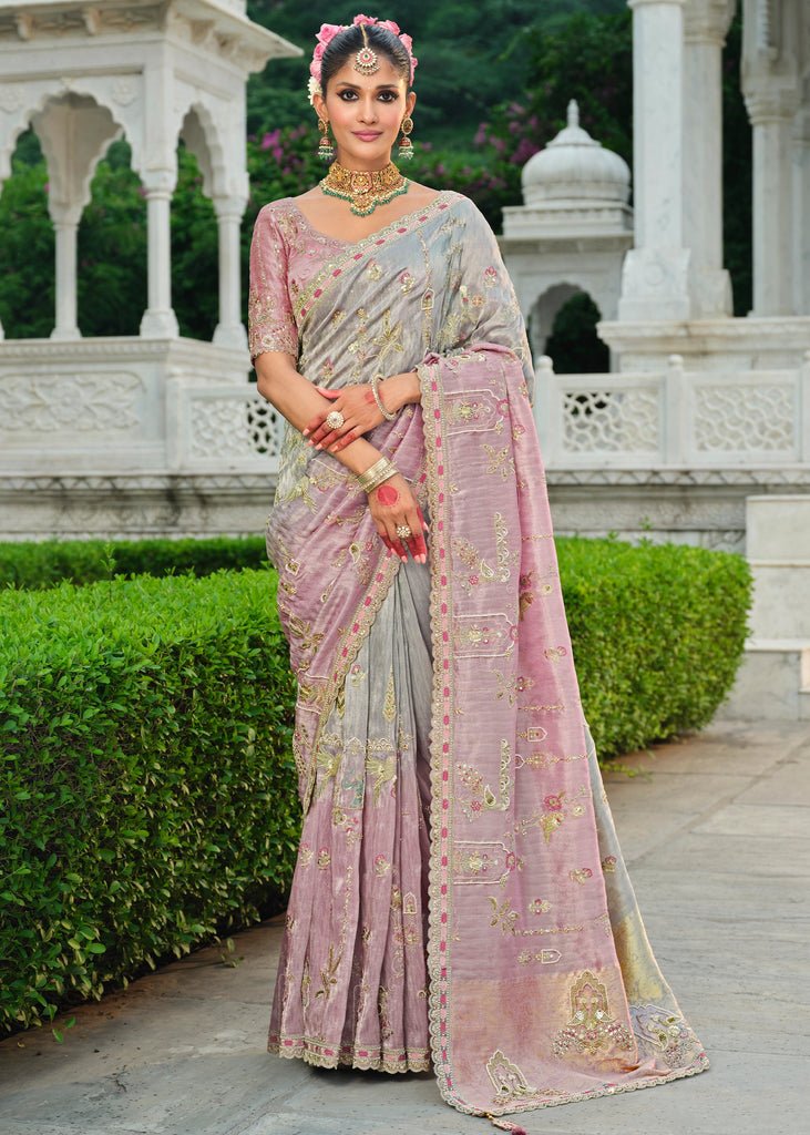 Grey Pink Designer Embroidered Silk Saree