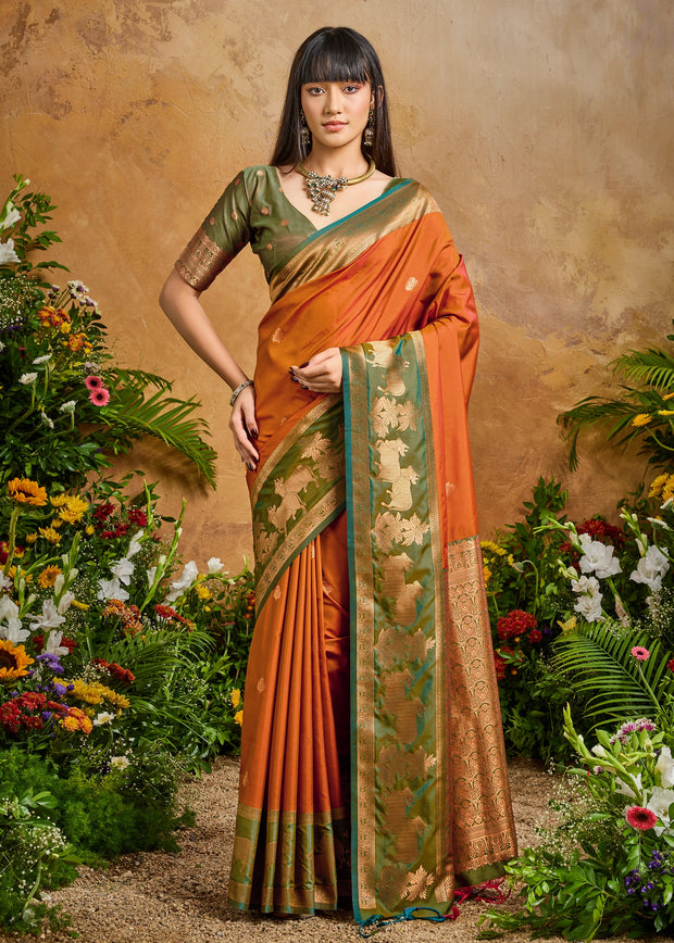 Burnt Orange Woven Banarasi Silk Saree