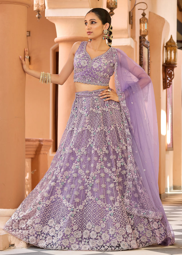 Lavender Embroidered Net Lehenga