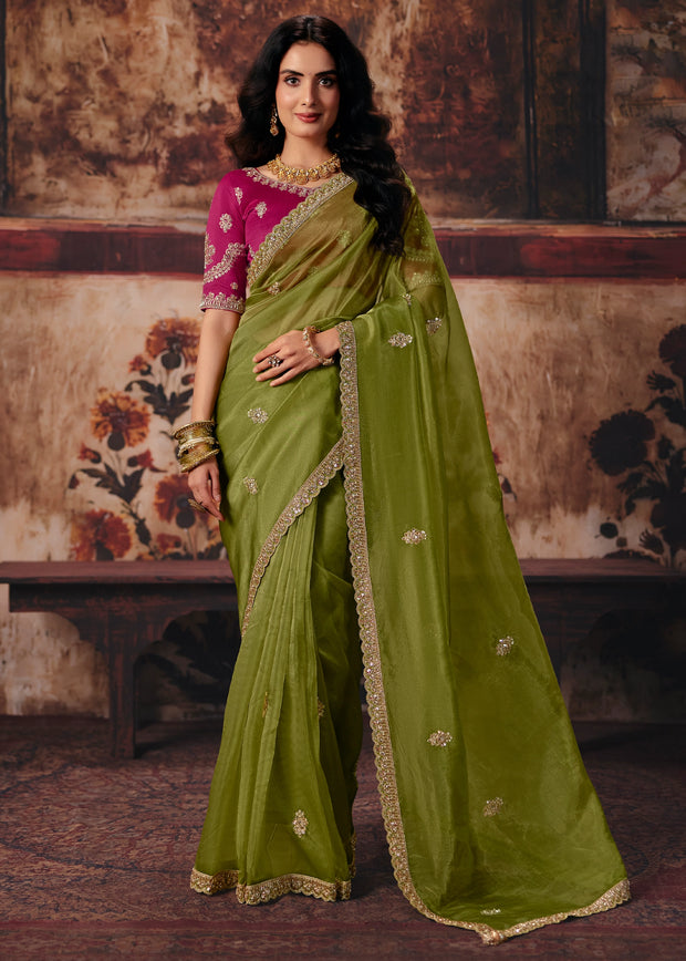 Olive Green Designer Organza Saree With Embroidered Blouse