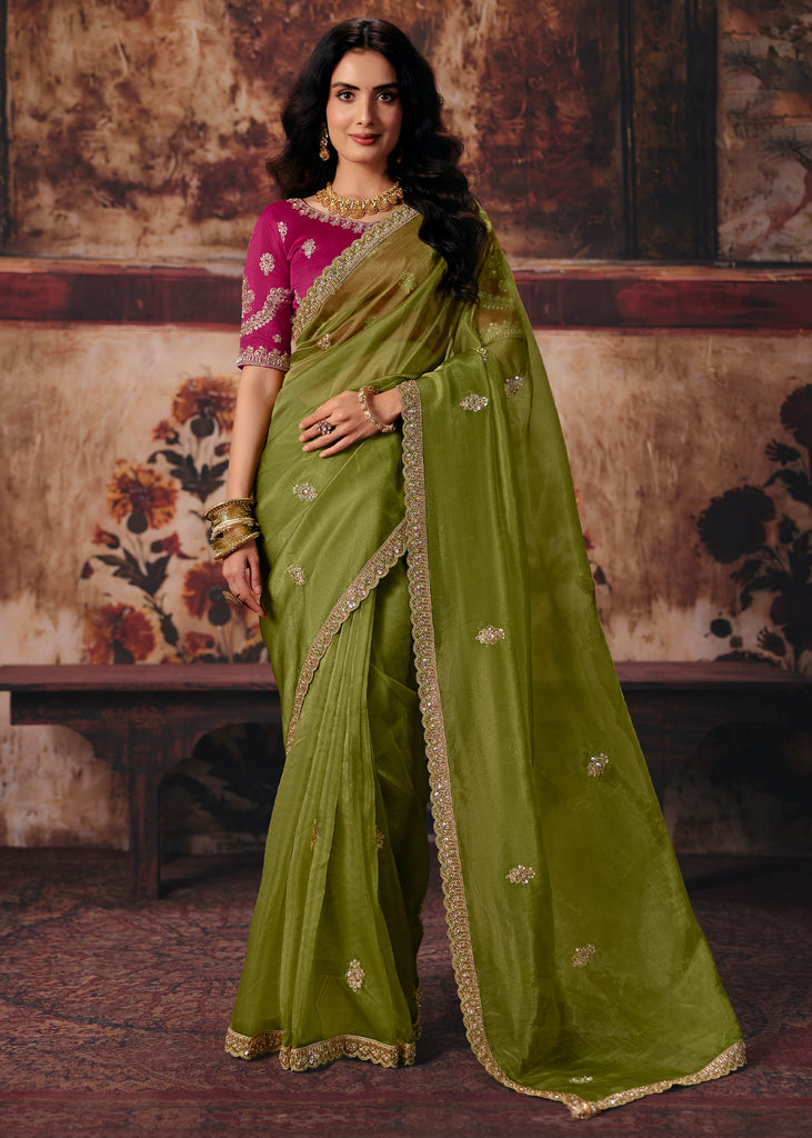 Olive Green Designer Organza Saree With Embroidered Blouse