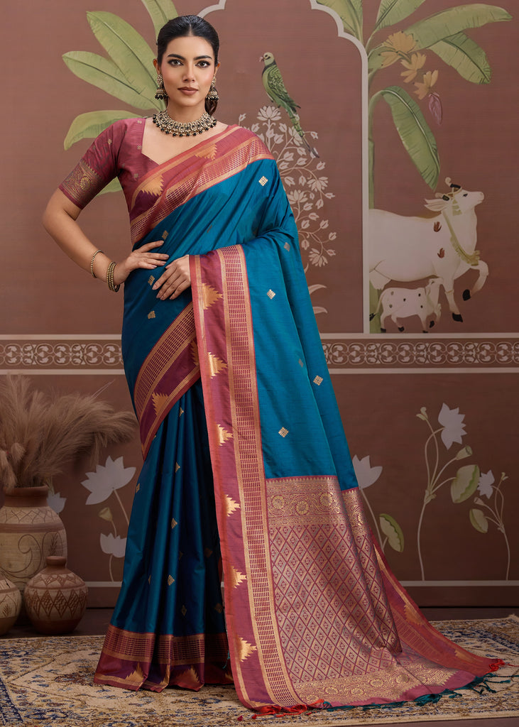 Coral Blue Woven Tussar Silk Saree