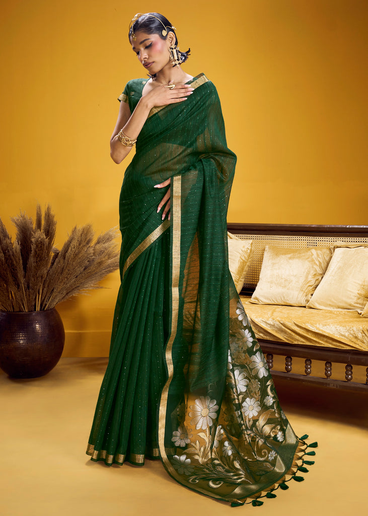Forest Green Woven Cotton Silk Saree