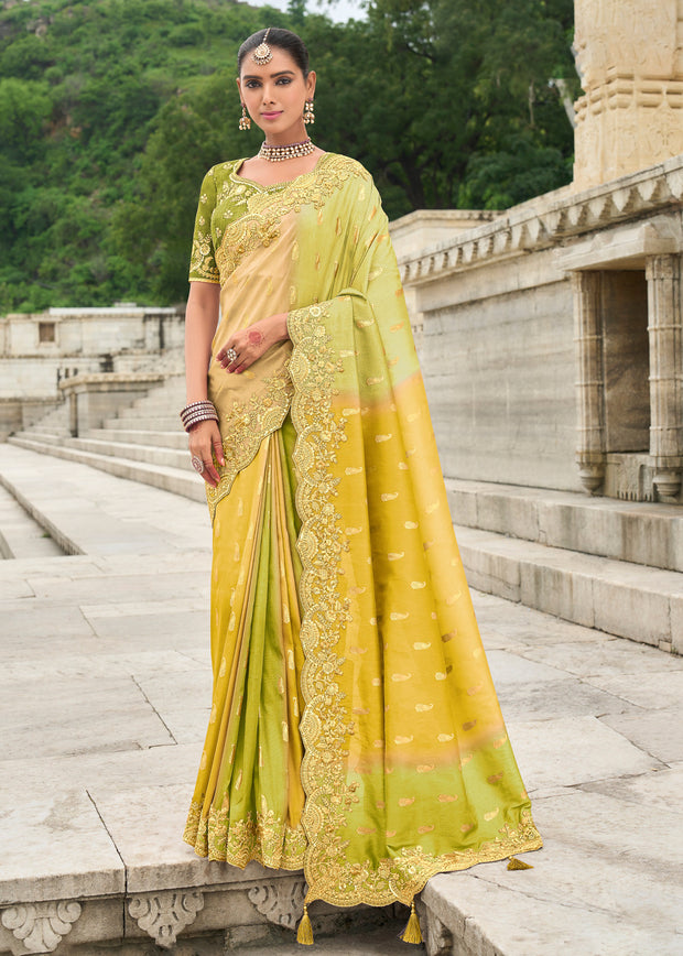 Antique yellow designer embroidered silk saree