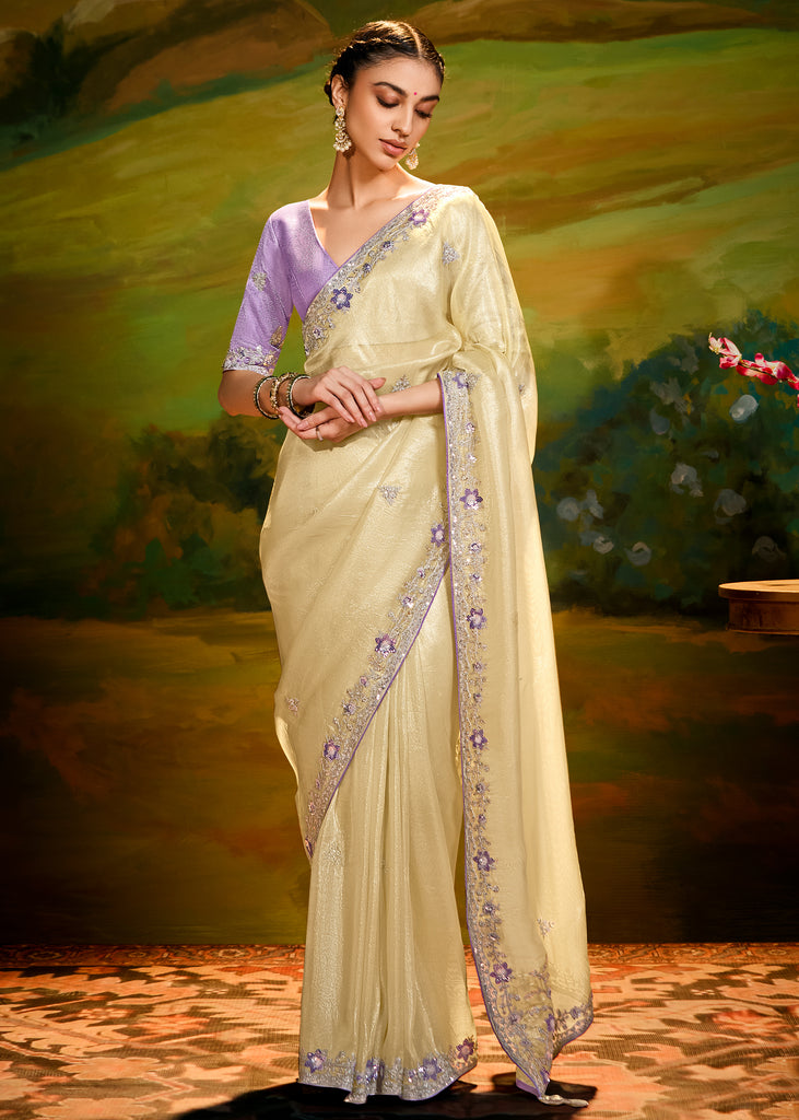 Cream Beige Heavy Embroidered Designer Silk Saree With contrast Blouse