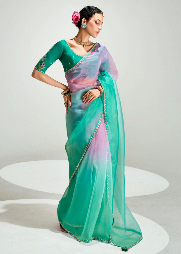 Aqua Green Ombre Designer Tissue Saree With Embroidered Blouse