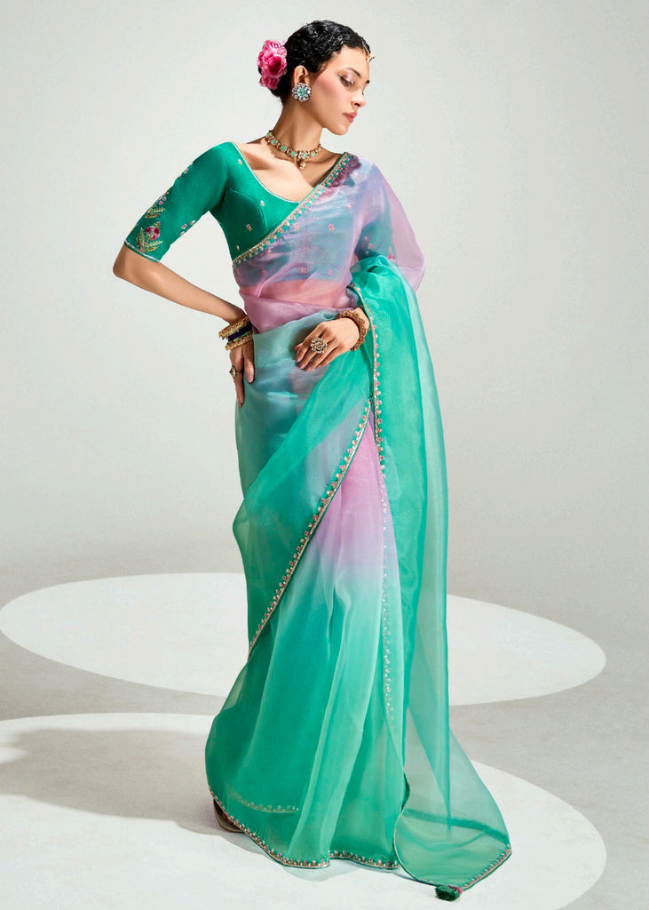 Aqua Green Ombre Banarasi Tissue Saree