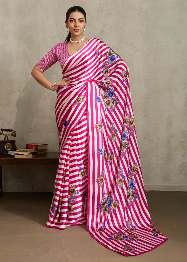Blush Pink Printed Satin Silk Saree