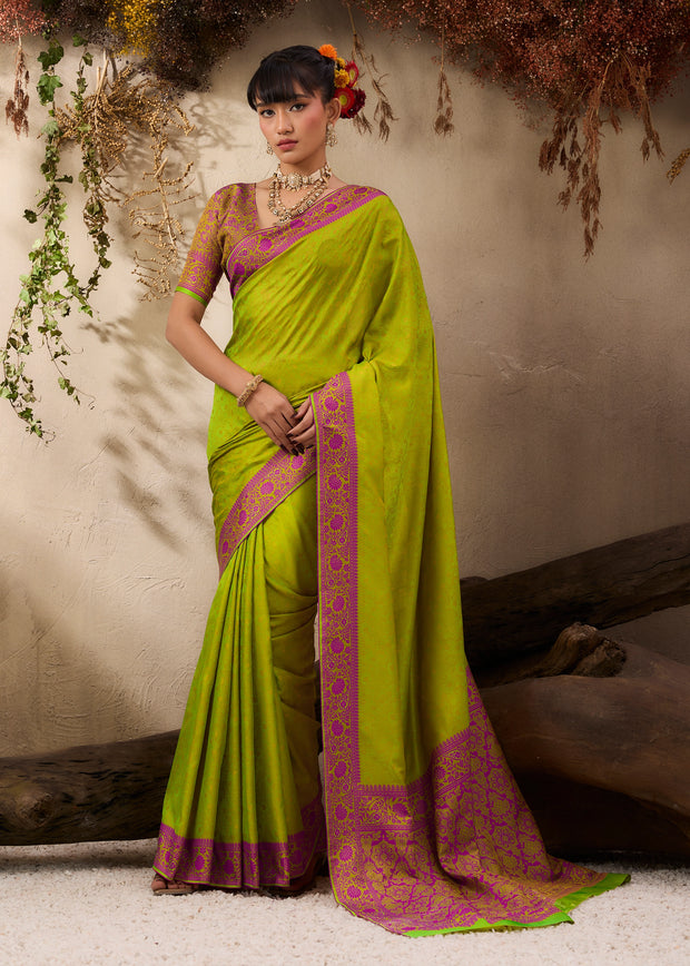 Lime green Kanjivaram silk saree with traditional Kanchipuram mulberry silk weaving