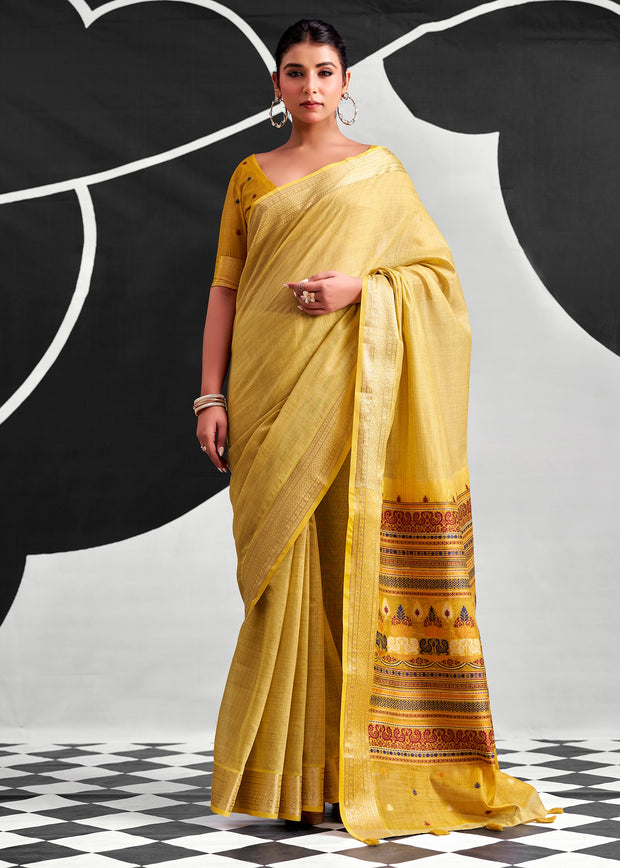 Dusky Yellow Woven Linen Cotton Silk Saree