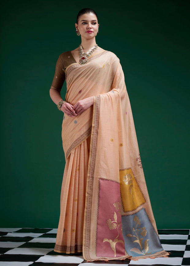 Peach Woven Cotton Jamdani Saree