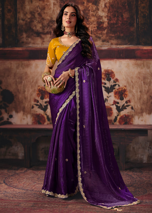 Deep Purple Designer Satin SIlk Saree With Embroidered Blouse