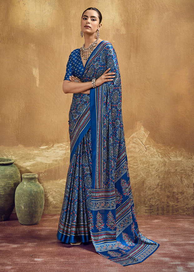Parisian Blue Printed Satin Silk Saree