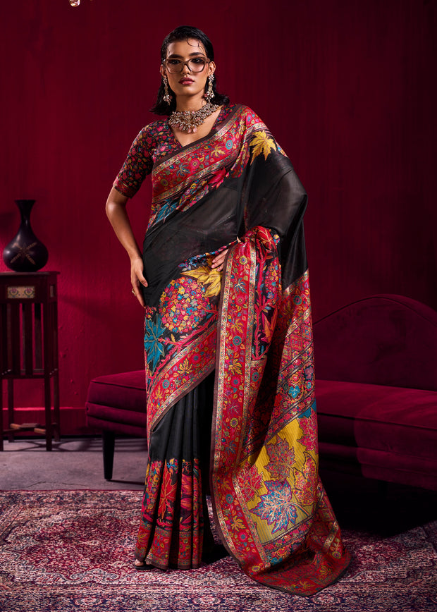 Pirate Black Woven Cotton Kashmiri Jamewar Saree