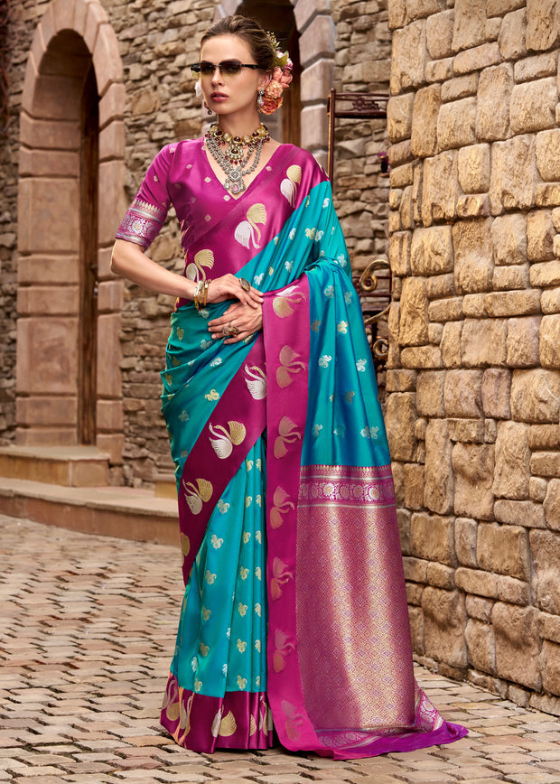 Horizon Blue Banarasi Satin Silk Saree