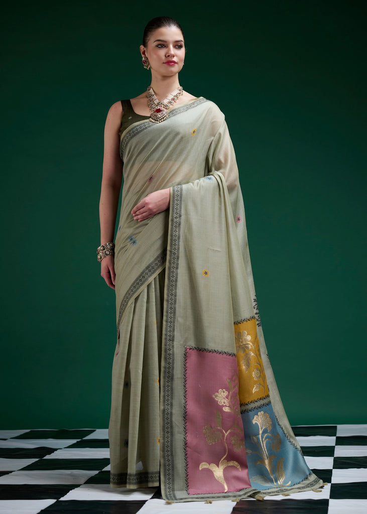 Sage Grey Woven Cotton Jamdani Saree