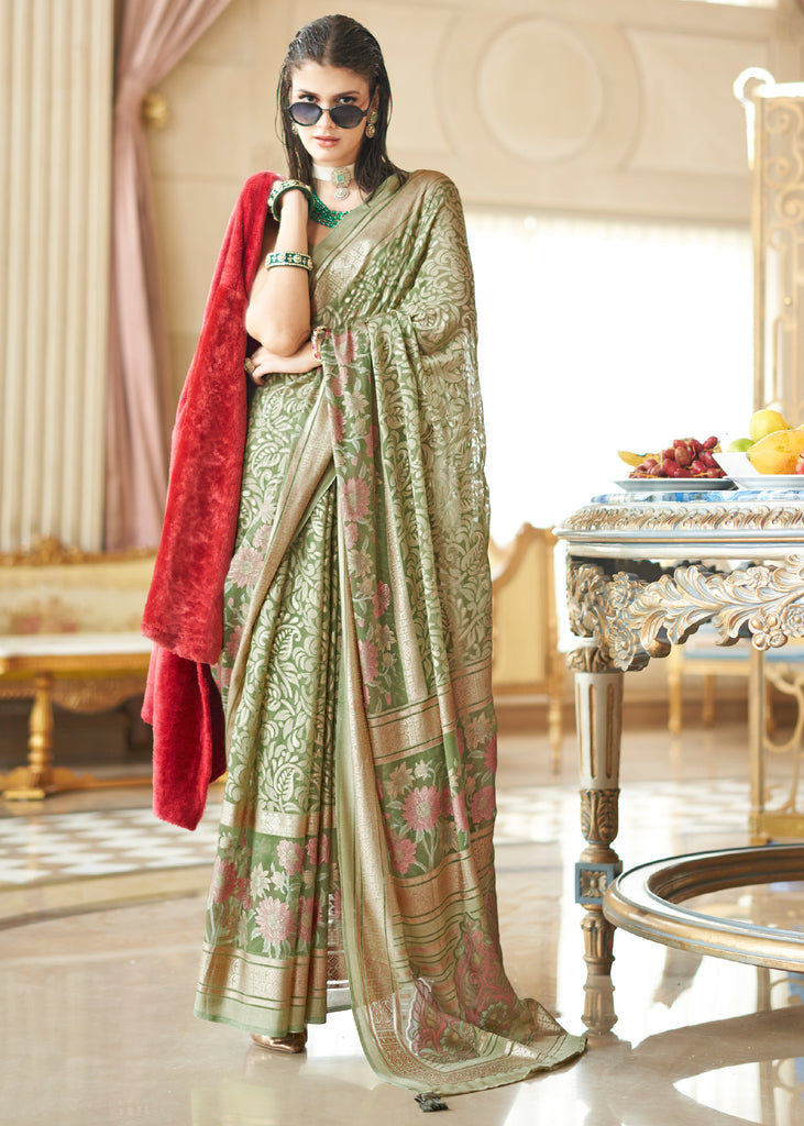 Mellow Green Printed Georgette Silk Saree