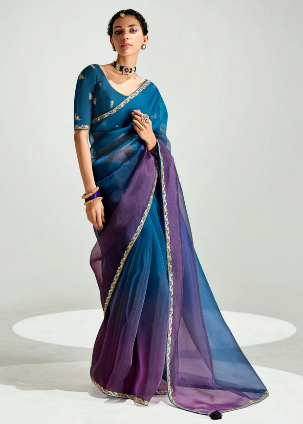 Coral blue ombre tissue saree with embroidered blouse