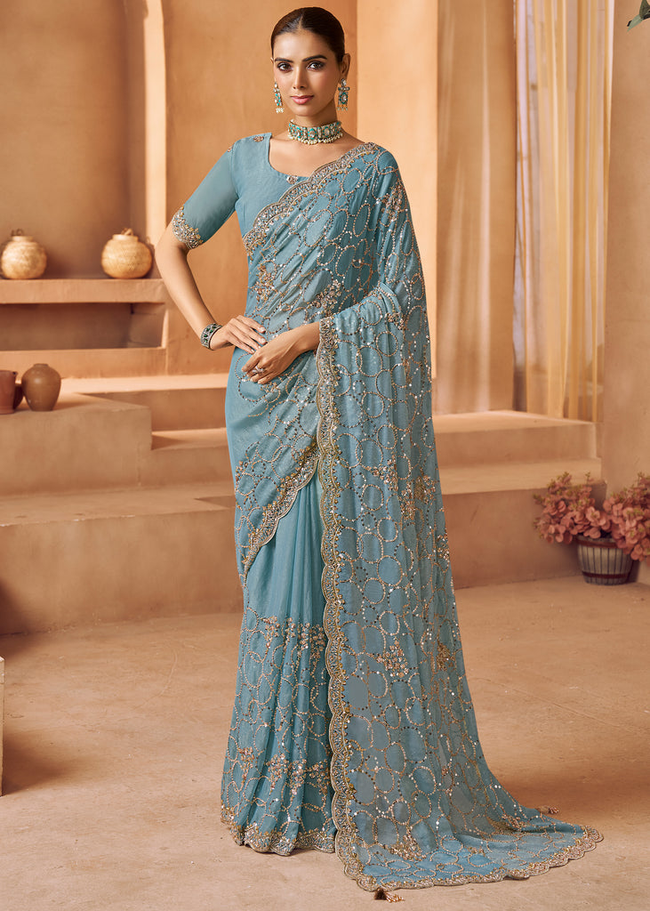 Heritage Blue Designer Tissue Silk Saree