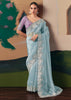 Aqua Blue Embroidered Designer Silk Saree
