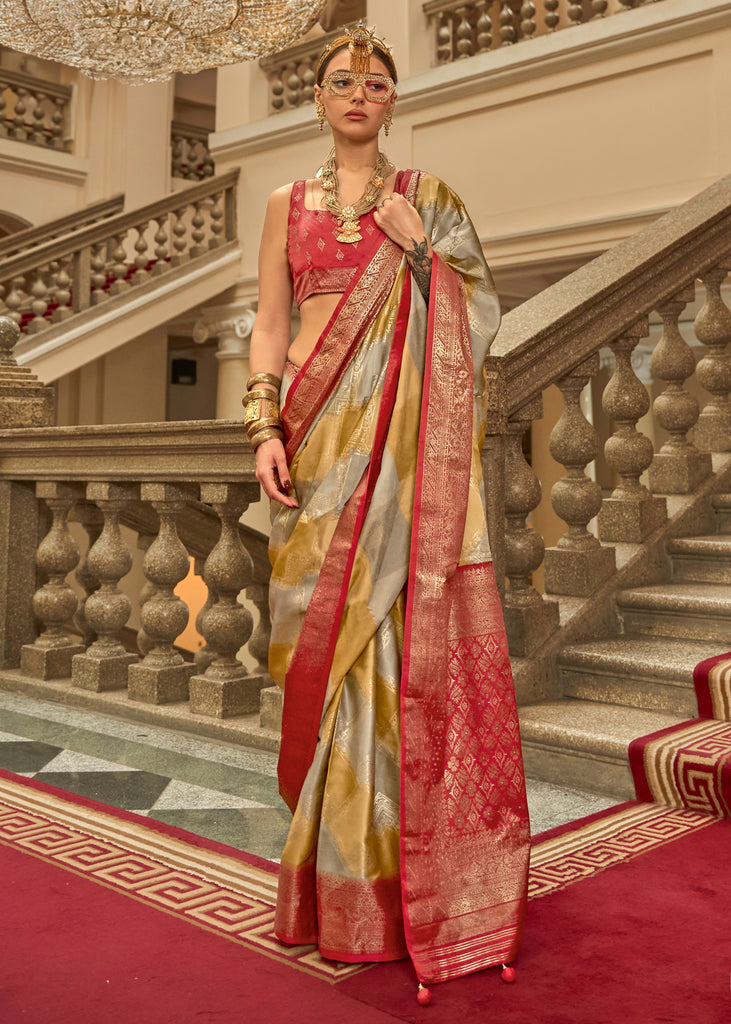Beige And Red Printed Satin Silk Saree