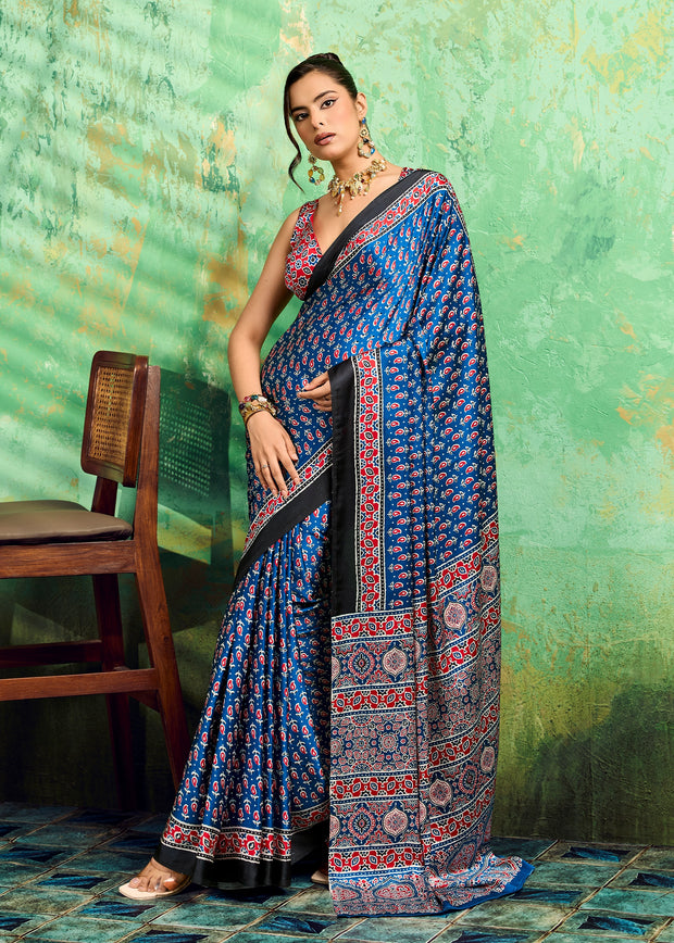 Blue Printed Satin Silk Saree