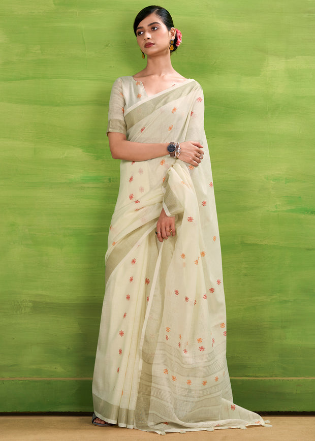 Off White Woven Linen Silk Saree
