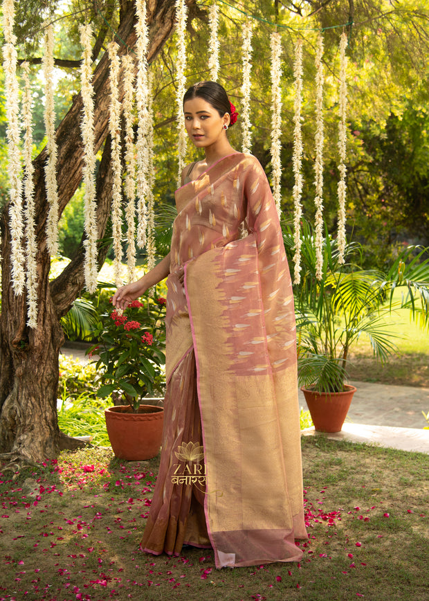 Kairavi peach Banarasi tissue silk handloom saree with woven zari motifs