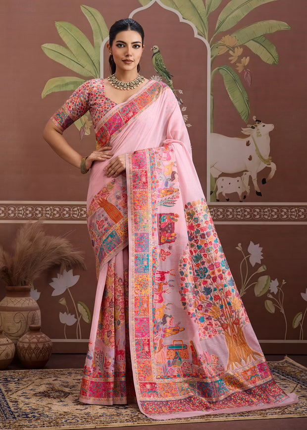 Blush Pink Woven Cotton Kashmiri Jamewar Saree