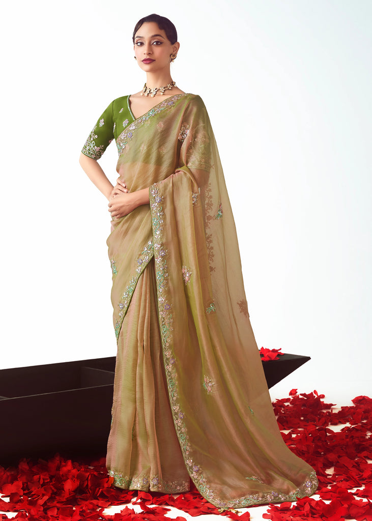 Olive Green Embroidered Designer Tissue Saree