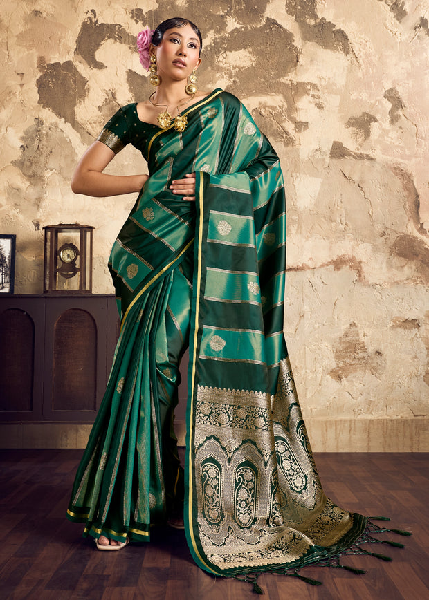 Teal Green Rangkat Satin Silk Saree