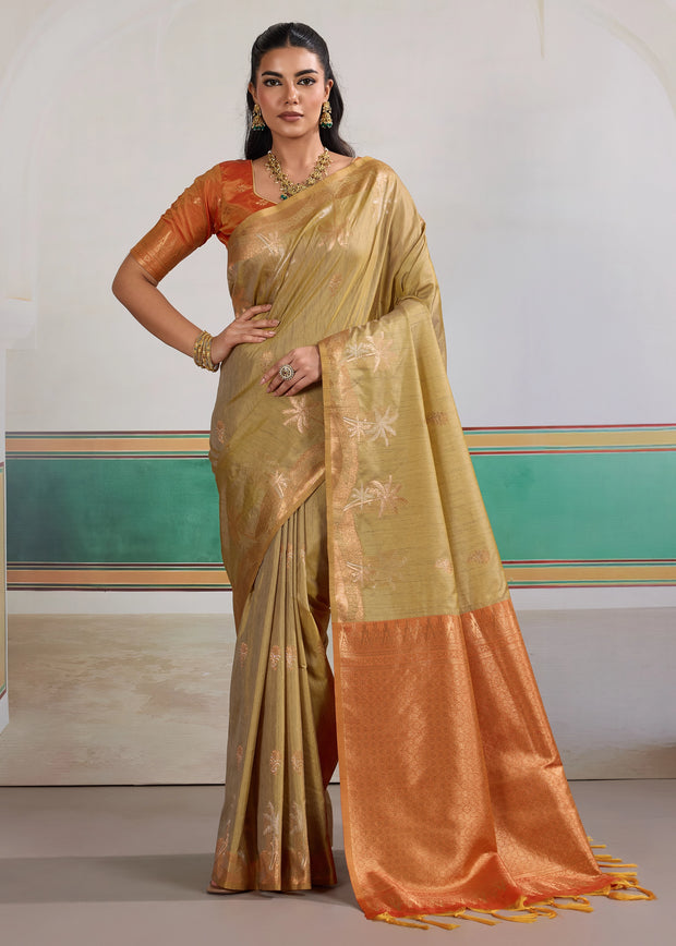 Khadi beige Tussar silk saree with woven textured body and natural matte finish