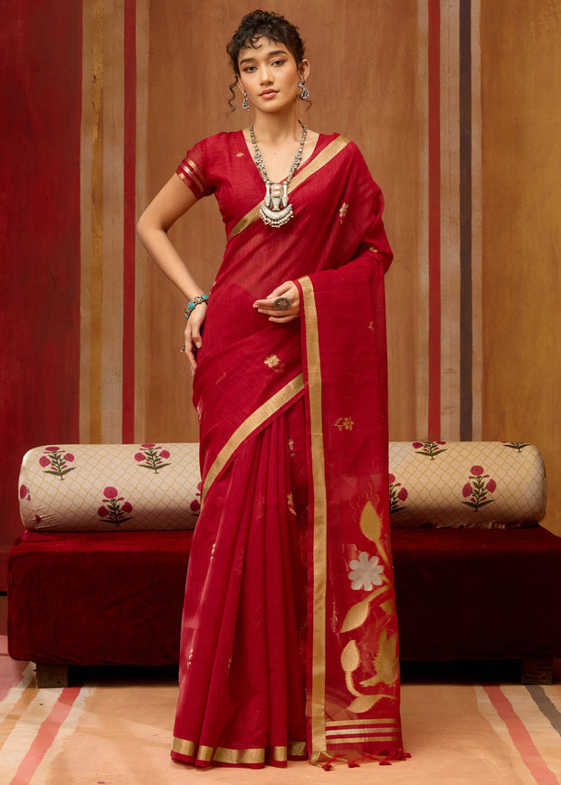 Cherry Red Woven Cotton Silk Saree