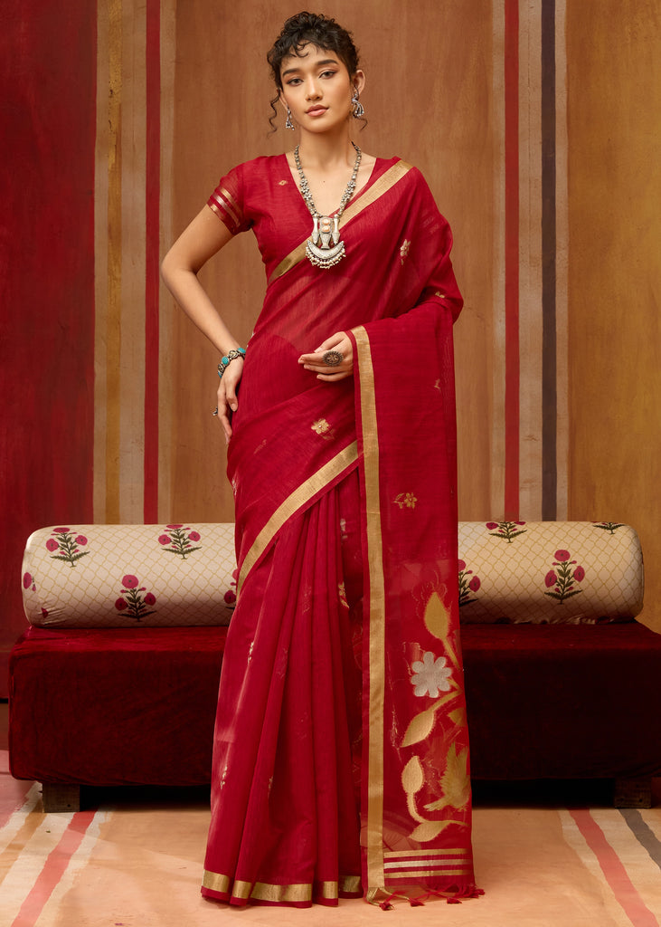 Cherry Red Woven Cotton Silk Saree