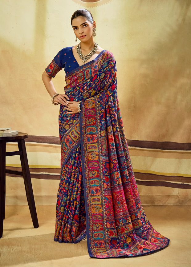 Navy Blue Woven Cotton Kashmiri Jamewar Saree