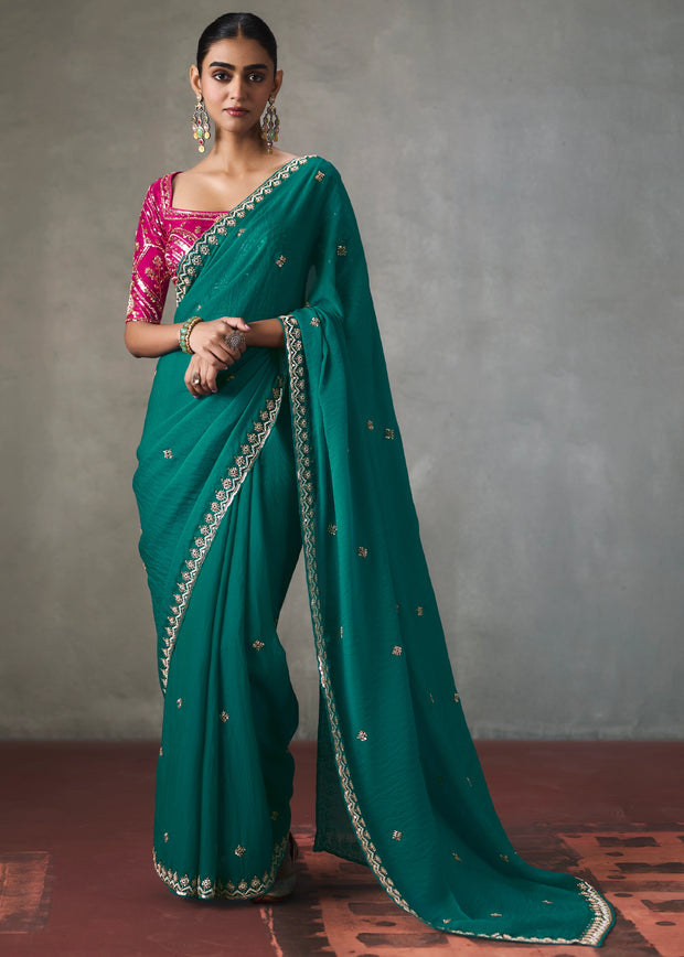 Teal Green Embroidered Silk Saree With Heavy Blouse