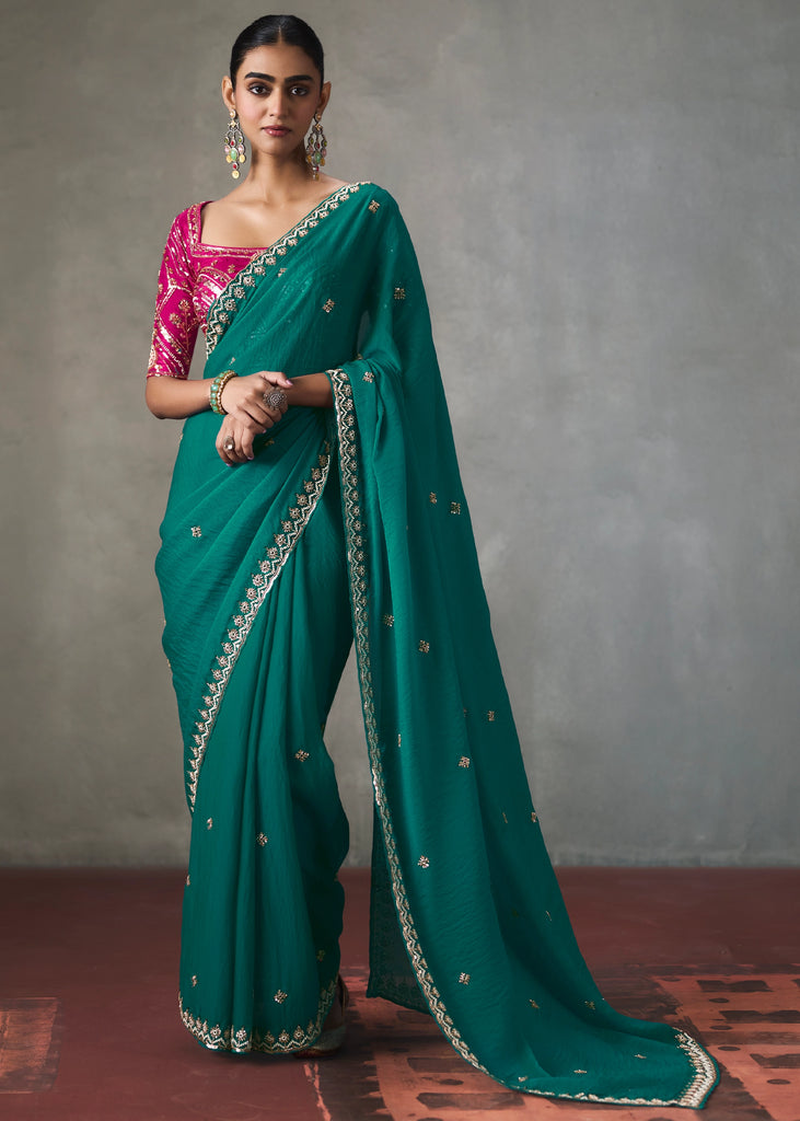Teal Green Embroidered Silk Saree With Heavy Blouse